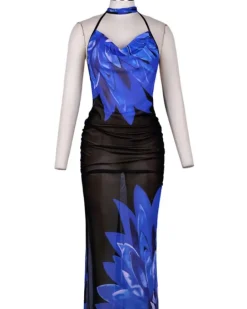 Rückenfreies Mesh Kleid Bloom Blue