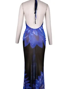 Rückenfreies Mesh Kleid Bloom Blue