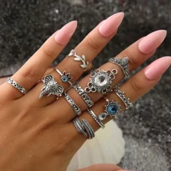 Ring Set Blue Boho Elephant