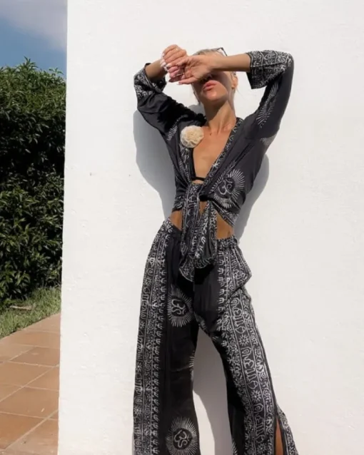 Schwarzes Om Set Hose & Kimono Noor