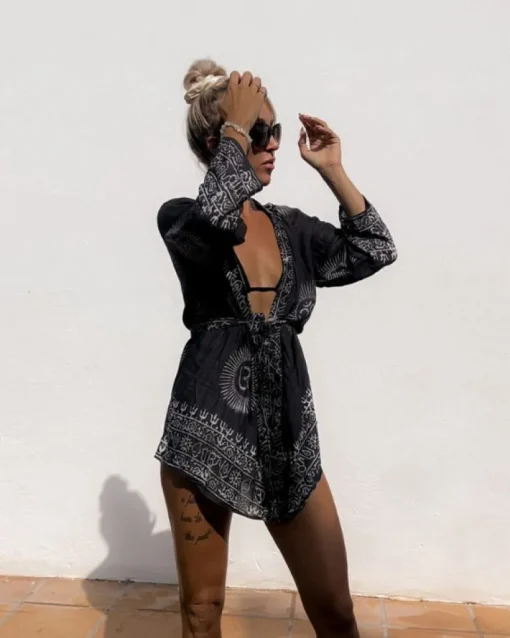 Schwarzes Om Set Hose & Kimono Noor