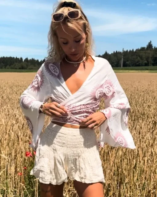 Weisse Om Wickel Bluse Ananda